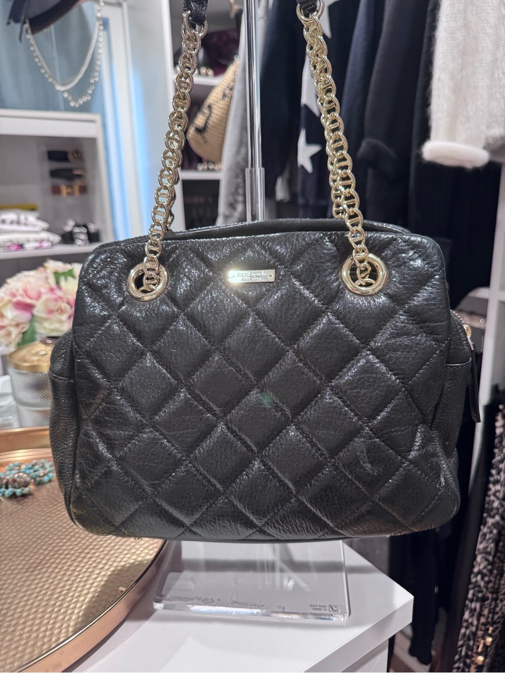 kate spade Black Quilted Shoulder Bag with Gold Chain Straps